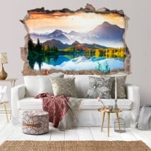 Vinilos agujero pared puesta de sol lago y montañas 3d
