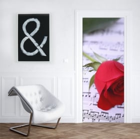 Vinilos para puertas rosa roja y pentagrama música