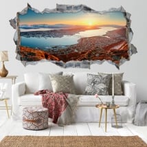 Vinilos agujero pared 3d panorámica atardecer noruega