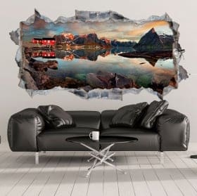 Vinilos agujero pared 3d panor&aacute;mica atardecer noruega