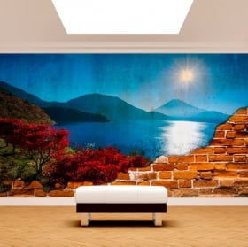 Murales de vinilo atardecer monte fuji pared rota