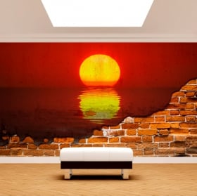 Murales de vinilo atardecer monte fuji pared rota