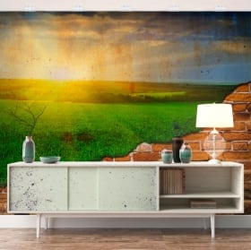 Murales atardecer en el campo efecto pared rota