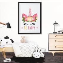 Vinilos adhesivos unicornio be happy cuadro efecto 3d
