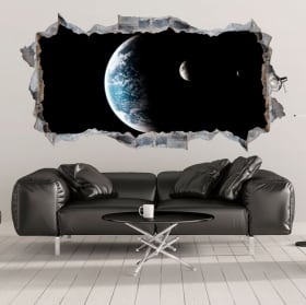 Vinilos 3d planeta tierra y luna agujero de pared