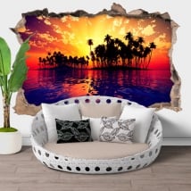 Vinilos agujero pared atardecer en el mar 3d