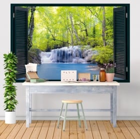 Vinilos ventanas cascada en el bosque 3d