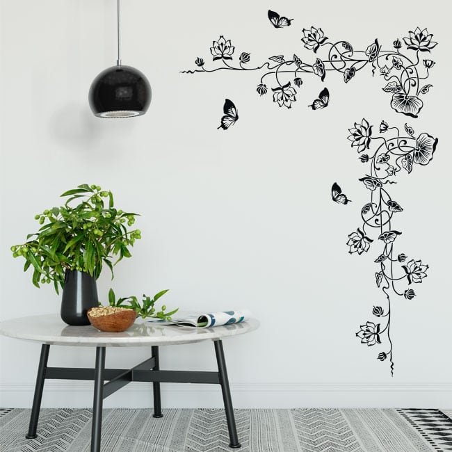 Pegatinas Pared Espejo Flores Florero y 30pcs Mariposas Vinilos