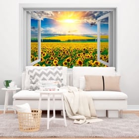 Vinilos ventanas atardecer campo de girasoles 3d