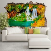Vinilos paredes cascada bosque en otoño 3d