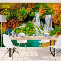 Fotomurales paredes cascada bosque en otoño