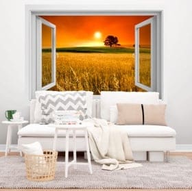 Vinilos ventana &aacute;rboles en el campo al atardecer 3d