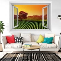 Vinilos decorativos ventana atardecer en el viñedo 3d