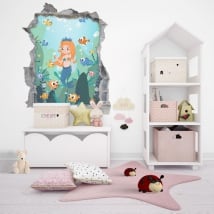 Vinilos y pegatinas infantiles sirenita con peces