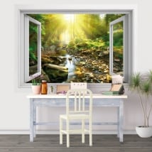 Vinilos atardecer río en el bosque ventana 3d