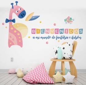 Vinilos infantiles jirafa y p&aacute;jaro bienvenidos a mi mundo
