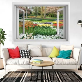 Vinilos decorativos ventana flores en el jardín 3d
