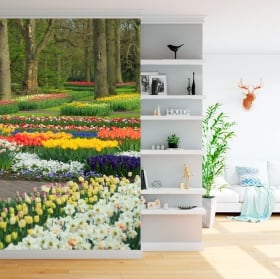 Fotomurales de vinilos jardín con flores y tulipanes