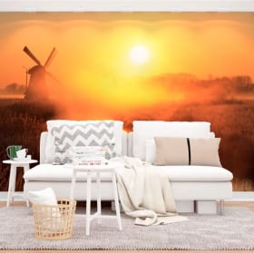 Fotomurales de vinilos atardecer molino holanda