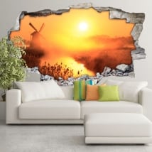 Vinilos 3d atardecer molino holanda