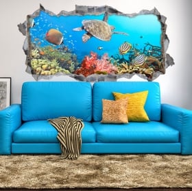 Vinilos 3d peces y tortuga en el mar