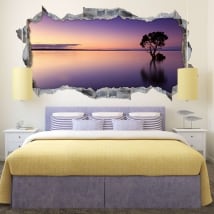 Vinilos 3d panorámica puesta de sol árbol en el agua