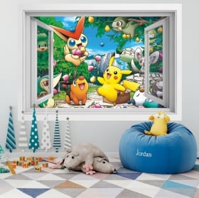 Vinilos paredes 3d ventana pikachu