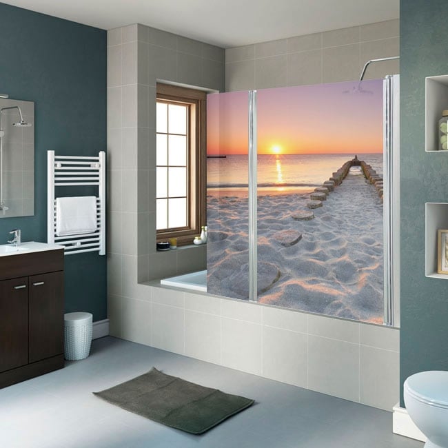 🥇 Vinilos decorativos mamparas baños playa al atardecer 🥇