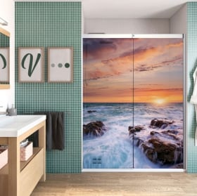 Vinilos mamparas de baños atardecer en el mar