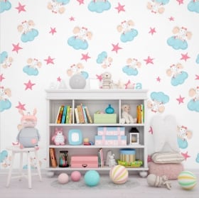 Fotomurales infantiles elefantes con nubes y estrellas