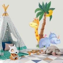 Vinilos infantiles jirafa con rinoceronte y pájaro acuarela