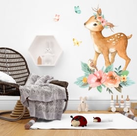 Vinilos bambi con pajarito flores y mariposas en acuarela