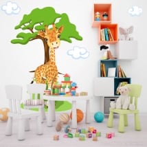 Vinilos infantiles jirafa con árbol y nubes
