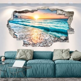Vinilos agujero pared atardecer en la playa 3d