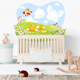 Vinilos infantiles o de bebé zorro y pollito en el campo