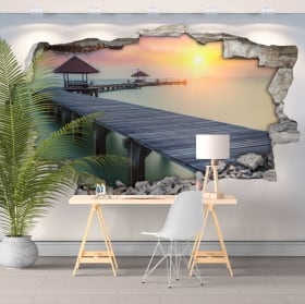Vinilos agujero pared atardecer puente en la isla 3d