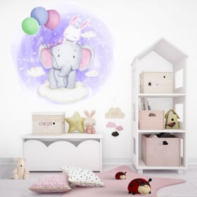 Vinilos y pegatinas infantiles elefante y conejo en las nubes