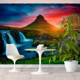 Fotomurales islandia atardecer cascadas y montaña kirkjufell
