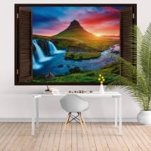 Ventanas 3d islandia atardecer cascadas y montaña kirkjufell