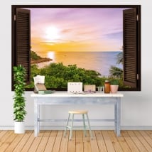 Vinilos y pegatinas ventana puesta de sol en el mar 3d