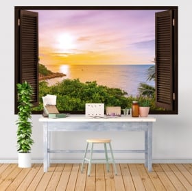 Vinilos y pegatinas ventana puesta de sol en el mar 3d
