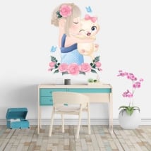 Pegatinas de vinilos niña con gata flores y mariposas