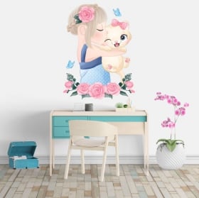 Pegatinas de vinilos niña con gata flores y mariposas