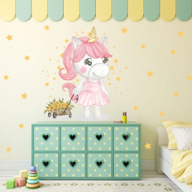 Vinilos decorativos unicornio y carreta con flores