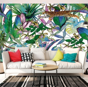 Fotomural o papel pintado flores tropicales leopardo acuarela