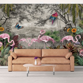 Fotomural o papel pintado selva tropical flamingos y aves 