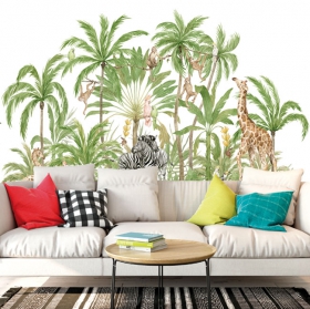 Fotomural o papel pintado paisaje palmeras monos y zebras