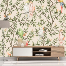 Fotomural o papel pintado aves tropicales en arbol efecto acuarela
