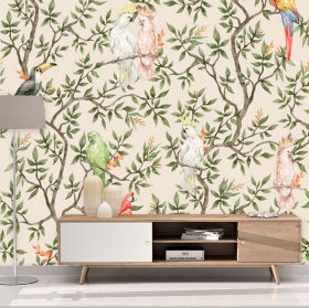 Fotomural o papel pintado aves tropicales en arbol efecto acuarela