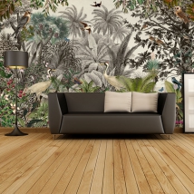 Papel pintado o fotomural paisaje plantas animales vintage